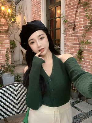 【A262K】Real shot of soft breast style knitted cardigan halter neck v-neck off-shoulder long-sleeved sweater jacket loose age-reducing top