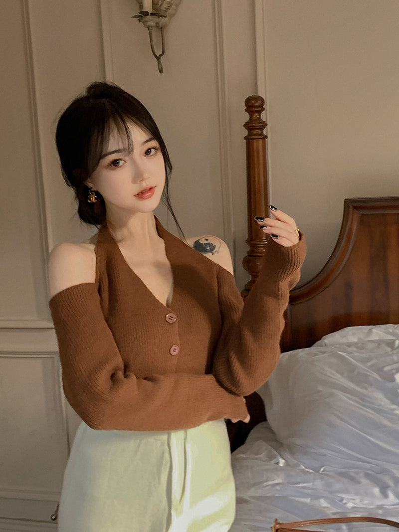 【A262K】Real shot of soft breast style knitted cardigan halter neck v-neck off-shoulder long-sleeved sweater jacket loose age-reducing top