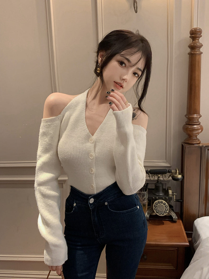 【A262K】Real shot of soft breast style knitted cardigan halter neck v-neck off-shoulder long-sleeved sweater jacket loose age-reducing top